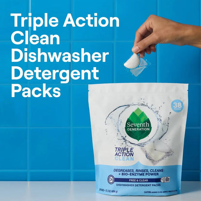 Seventh Generation Triple Action Clean Dishwasher Detergent Packets - 16ct: Unscented, No Fragrance Added, Dye-Free, Bleach-Free